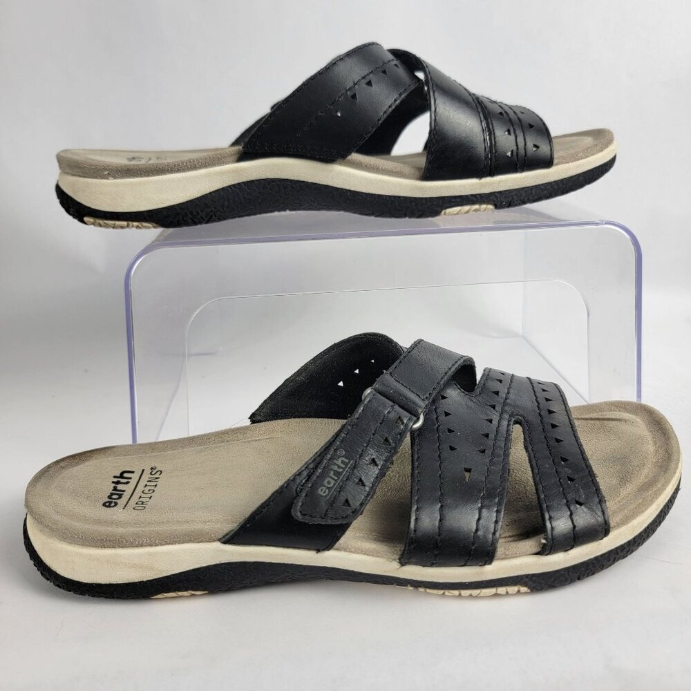 Earth Origins Women's 9 Black Leather Etsuella Slip On Comfort Slides Summer
